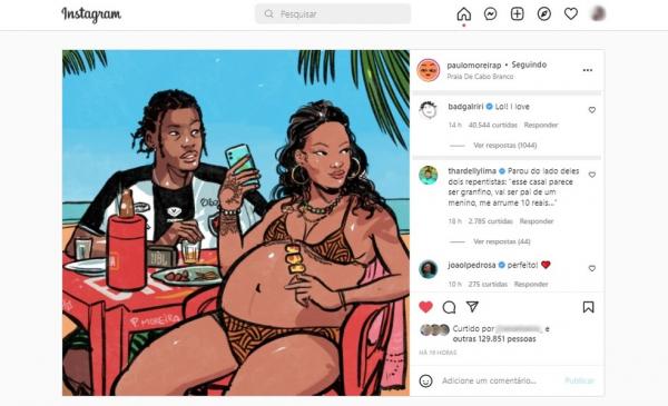 A cantora e empresária Rihanna reagiu a uma ilustração do quadrinista paraibano Paulo Moreira, em que ele a retrata em uma praia de João Pessoa, ao lado do namorado A$AP Rocky, com(Imagem:Reprodução)