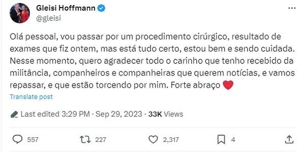 No Twitter, Gleisi tranquilizou apoiadores(Imagem:Reprodução/Twitter)