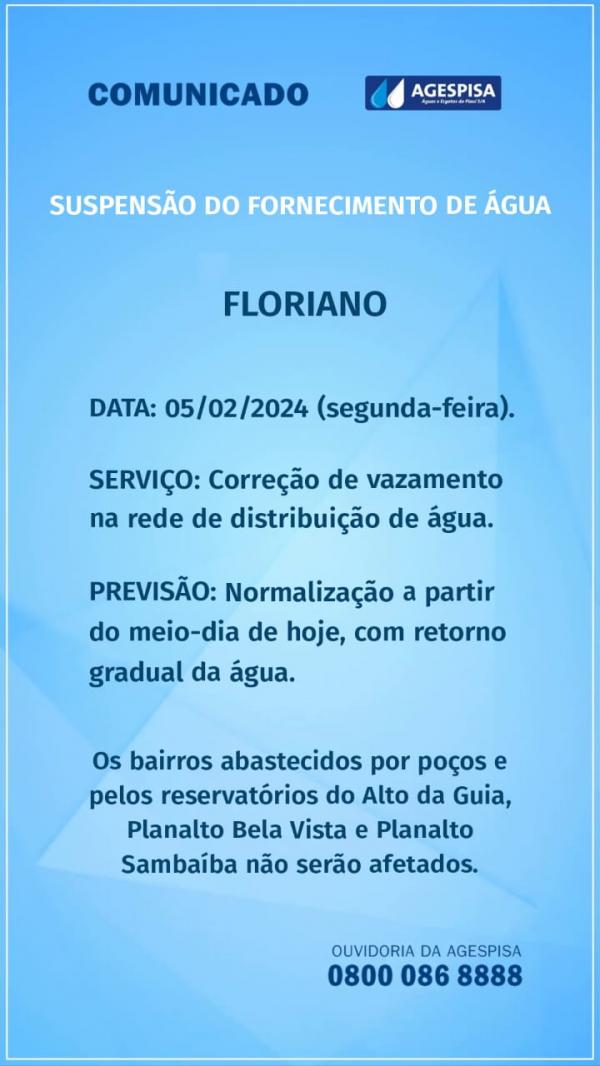 Agespisa suspende fornecimento de água em Floriano para correção de vazamento.(Imagem:Divulgação)