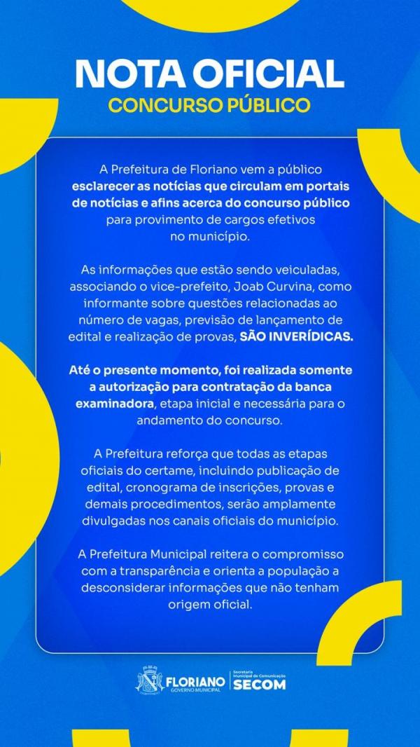 Prefeitura de Floriano esclarece informações sobre concurso público.(Imagem:Secom)