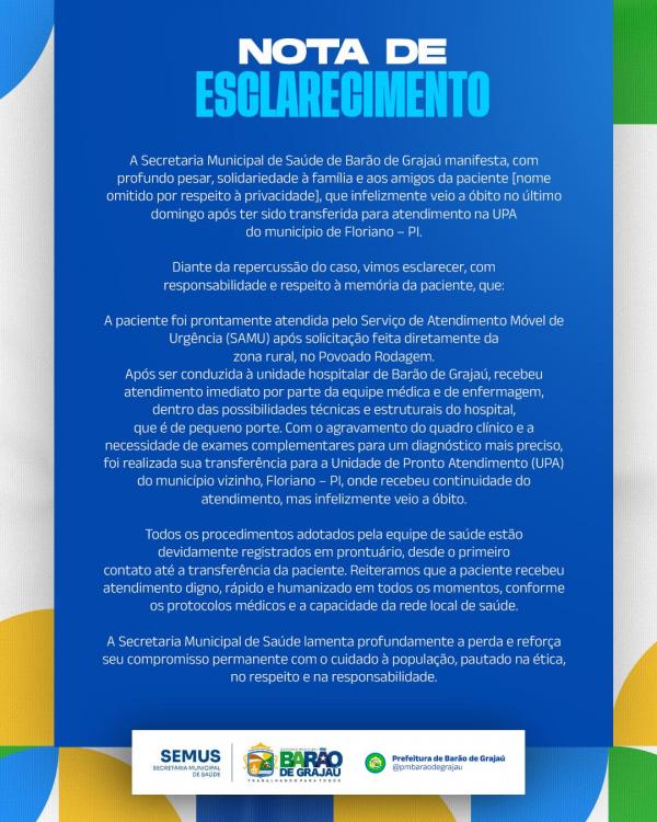 Secretaria de Saúde de Barão de Grajaú emite nota de esclarecimento sobre óbito de paciente transferida para Floriano.(Imagem:Divulgação)