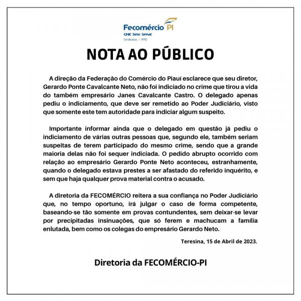 Fecomércio - NOTA AO PÚBLICO(Imagem:Divulgação)