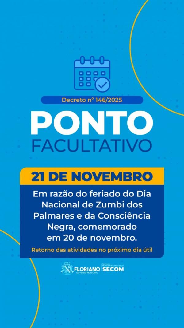 Prefeitura de Floriano decreta ponto facultativo no dia 21 de novembro.(Imagem:Secom)