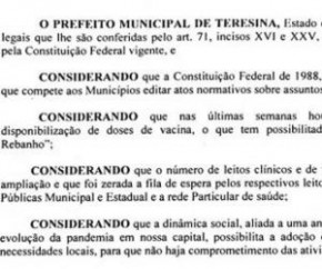 Para liberar o funcionamento das atividades comerciais, a Prefeitura de Teresina afirma no decreto que houve 