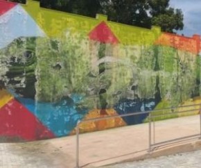 A arte da iguana gigante foi pintada em muro de concreto que abrange toda a extensão lateral do parque.  