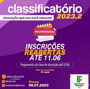 Inscrições para o Exame Classificatório 2023.2 do IFPI são prorrogadas.(Imagem:Reprodução/Instagram)