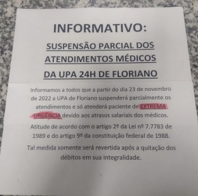 Atendimentos médicos na UPA estão parcialmente suspensos (Imagem:Divulgação)