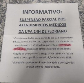 Atendimentos médicos na UPA estão parcialmente suspensos (Imagem:Divulgação)