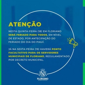Prefeitura de Floriano decreta ponto facultativo nesta sexta (19) após feriado do Dia do Piauí.(Imagem:Secom)