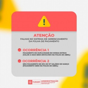 Município de Floriano alerta para falhas pontuais no pagamento de horas extras e 13º de março.(Imagem:Secom)