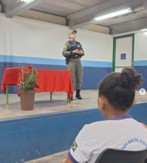 Patrulha Maria da Penha realiza ação educativa sobre proteção à infância na Escola Dorinha Carvalho.(Imagem:Reprodução/Instagram)