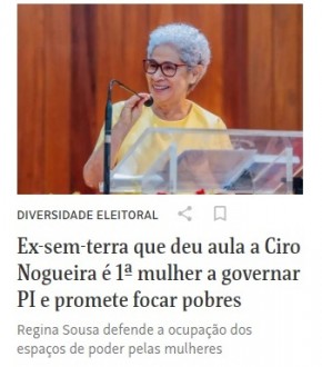 Primeira governadora efetiva do Piauí, Regina Sousa (PT), foi destaque em matéria da Folha.(Imagem:Governo do Piauí)