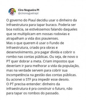 Ciro Nogueira critica governo do Piauí por usar indevidamente recursos de infraestrutura e aciona STF.(Imagem:Ascom)