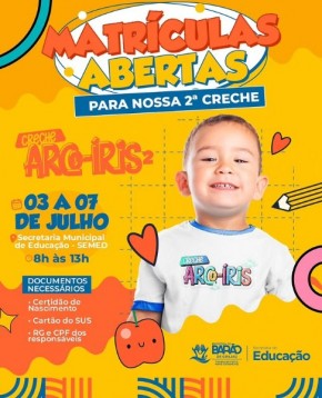 Creche Municipal Arco-íris 2 encontra-se com matrículas abertas(Imagem:Divulgação)