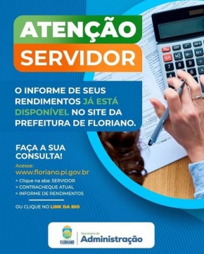Prefeitura de Floriano disponibiliza informe de rendimentos para servidores públicos municipais.(Imagem:Reprodução/Instagram)