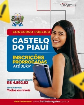 Inscrições do concurso público de Castelo do Piauí são prorrogadas até 31/07.(Imagem:Reprodução/Instagram)