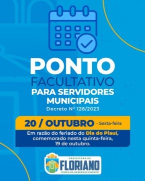 Prefeitura de Floriano estabelece ponto facultativo em comemoração ao Dia do Piauí.(Imagem:Reprodução/Instagram)
