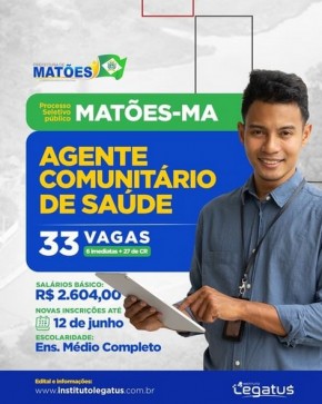 Prefeitura de Matões-MA abre processo seletivo para Agente Comunitário de Saúde.(Imagem:Reprodução/Instagram)