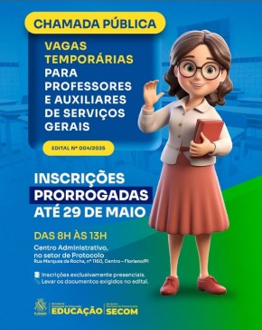 Prefeitura de Floriano prorroga inscrições para vagas temporárias na Educação até quinta-feira (29)(Imagem:Secom)