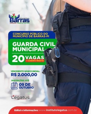 Município de Barras-PI faz concurso com 20 vagas para Guarda Civil Municipal.(Imagem:Reprodução/Instagram)