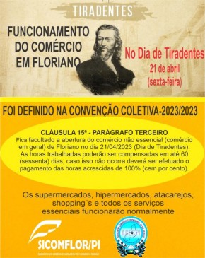 Comércio em Floriano terá abertura facultativa no Dia de Tiradentes.(Imagem:Divulgação)