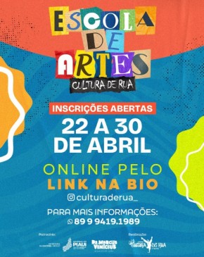 Escola de Artes Cultura de Rua em Floriano oferece inscrições gratuitas.(Imagem:Reprodução/Instagram)
