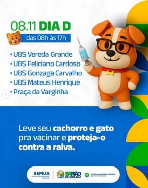 Barão de Grajaú realiza Dia D de Vacinação Antirrábica na zona urbana neste sábado (08).(Imagem:Divulgação)