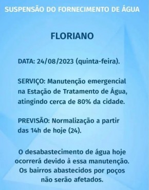 Agespisa suspende fornecimento de água devido a manutenção na Estação de Tratamento de Floriano.(Imagem:Divulgação)