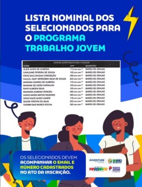 Divulgada lista de selecionados para o Programa Trabalho Jovem em Bar&atilde;o de Graja&uacute;.(Imagem:Reprodu&ccedil;&atilde;o/Instagram)