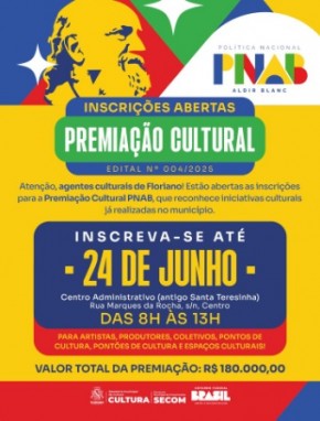 Prefeitura de Floriano abre inscrições para premiação de agentes culturais com recursos da Política Nacional Aldir Blanc.(Imagem:Reprodução/Instagram)