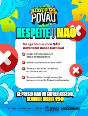 Prefeitura de Bar&atilde;o de Graja&uacute; refor&ccedil;a campanha de respeito e consentimento durante o Carnaval(Imagem:Reprodu&ccedil;&atilde;o/Instagram)