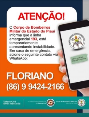 Bombeiros de Floriano informam instabilidade no número de emergência 193.(Imagem:Reprodução/Instagram)