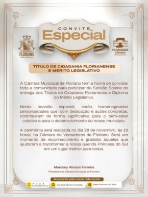 Câmara Municipal de Floriano convida para Sessão Solene de entrega de Títulos de Cidadania e Mérito Legislativo(Imagem:Reprodução/Instagram)