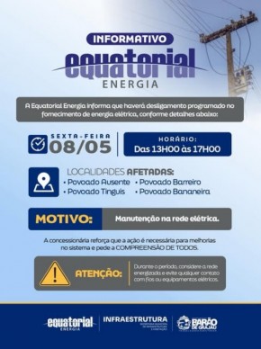 Equatorial Energia realizar&aacute; desligamento programado em localidades rurais de Bar&atilde;o de Graja&uacute;.(Imagem:Divulga&ccedil;&atilde;o)