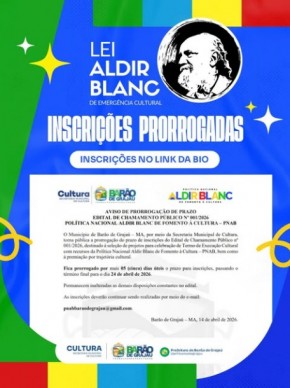Inscri&ccedil;&otilde;es da Lei Aldir Blanc s&atilde;o prorrogadas em Bar&atilde;o de Graja&uacute; at&eacute; 24 de abril.(Imagem:Reprodu&ccedil;&atilde;o/Instagram)