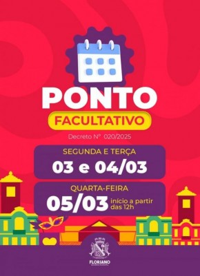 Prefeitura de Floriano decreta ponto facultativo durante período de Carnaval.(Imagem:Secom)