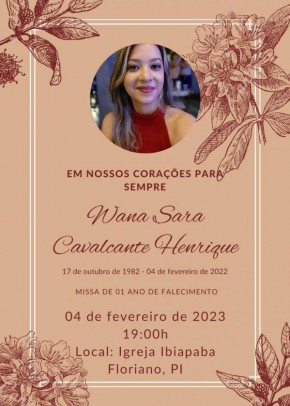 Convite Missa: 01 ano do falecimento de Wana Sara Cavalcante Henrique(Imagem:Divulgação)