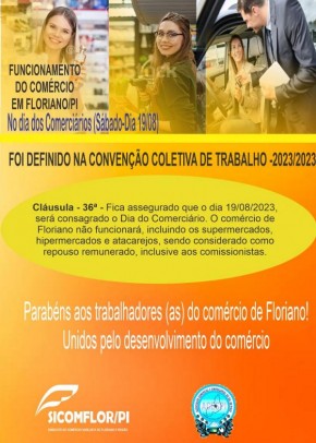 Sindicato do Comércio Varejista anuncia fechamento do comércio em Floriano no Dia dos Comerciários.(Imagem:Divulgação)