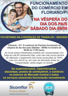 Comércio de Floriano funcionará em horário especial na véspera do Dia dos Pais.(Imagem:FlorianoNews)
