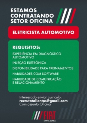 Concession&aacute;ria Fiat Santa Clara abre vaga para eletricista automotivo em Floriano.(Imagem:Reprodu&ccedil;&atilde;o/Instagram)