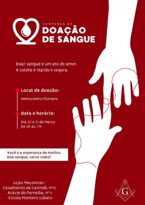 Lojas Maçônicas de Floriano e Escola Monteiro Lobato promovem campanha de doação de sangue(Imagem:Divulgação)