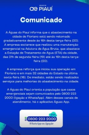 Águas do Piauí retoma gradualmente abastecimento de água em Floriano após manutenção emergencial(Imagem:Reprodução/Instagram)