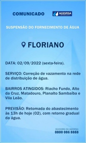 Agespisa realiza suspensão do fornecimento de água em bairros de Floriano.(Imagem:Divulgação)