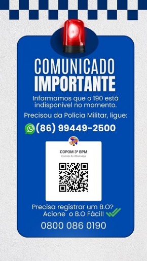 190 fora do ar: Polícia Militar disponibiliza novo canal de atendimento(Imagem:Reprodução/Redes Sociais)