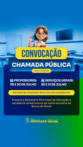 Educação de Floriano convoca aprovados na chamada pública para professor e auxiliar de serviços gerais.(Imagem:Secom)