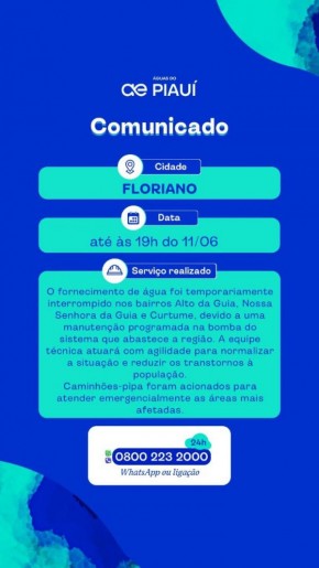 Águas do Piauí realiza manutenção em sistema e suspende fornecimento de água em bairros de Floriano.(Imagem:Divulgação)
