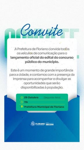Prefeitura de Floriano lança concurso público nesta segunda-feira (29).(Imagem:Secom)