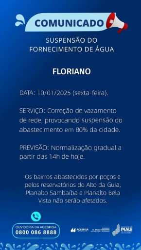 Agespisa realiza manutenção e suspende abastecimento de água em 80% de Floriano.(Imagem:Divulgação)