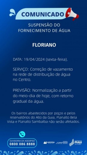  Agespisa informa interrupção temporária no fornecimento de água em Floriano para correção de vazamento.(Imagem:Divulgação)