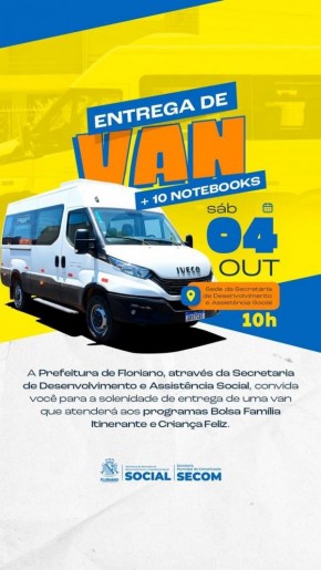 Prefeitura de Floriano entrega van e notebooks para reforçar programas sociais.(Imagem:Secom)